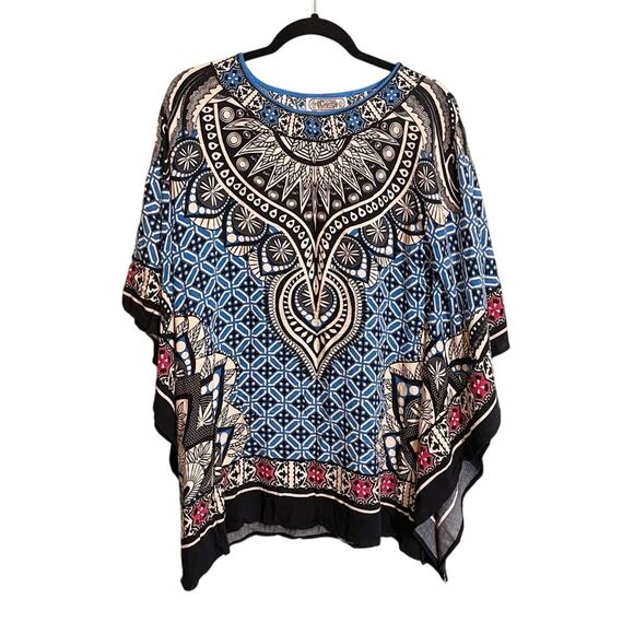 Flying Tomato Women's Blue Rayon Paisley Print Pullover Poncho Top Size Large - Picture 1 of 13